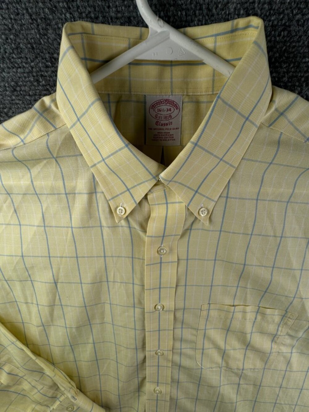 Brooks Brothers Non Iron Button Up Shirt Long Sleeve Yellow Blue 16.5 34 Classic